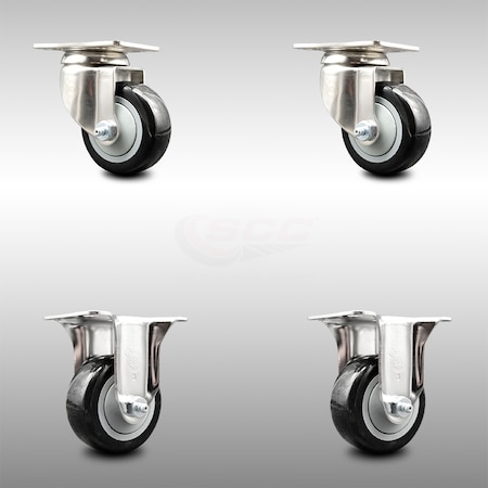 Service Caster 3 Inch 316SS Black Polyurethane Wheel Swivel Top Plate Caster Rigid SCC, 2PK SCC-SS31620S314-PPUB-BLK-2-R-2